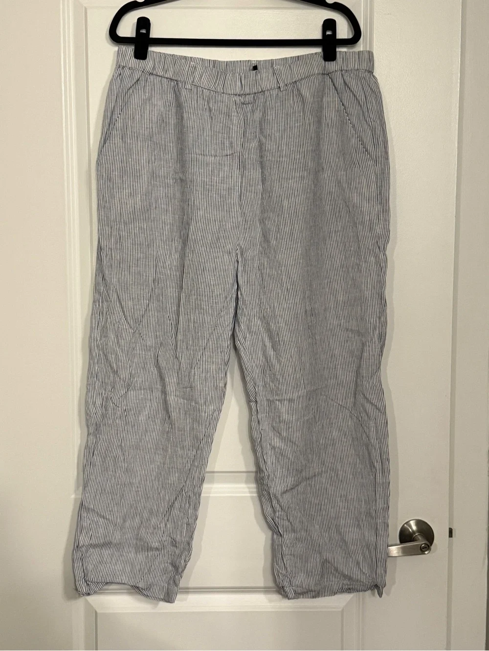 Quince 100% Linen Blue White Stripe Cropped Pants XL Pull-On Coastal Casual